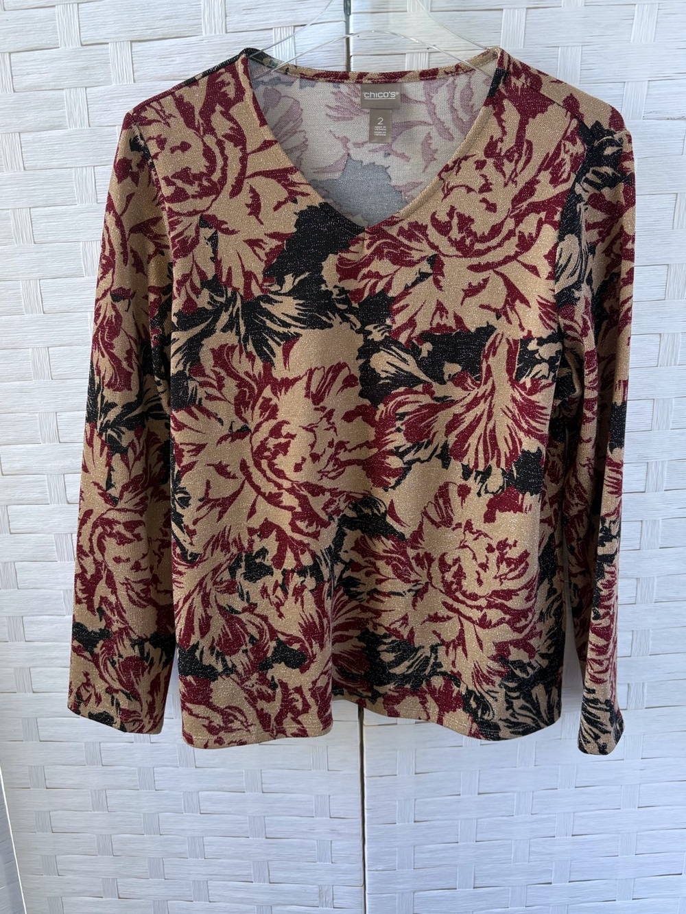 Chico’s Large Long Sleeve V Neck Metallic Burgundy Gold Black Top Party Dressy